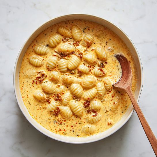Inside a white round pot, there is a creamy orange sauce with small pieces of browned ingredients floating in it, creating a light speckled texture. On top, there is a pile of soft, pale white gnocchi with smooth ridges, resting gently in the sauce. A wooden spoon with a natural grain leans on the pot’s edge to the right, partially submerged in the sauce. The pot sits on a white marbled surface, giving a clean and bright background. Photo taken with an iphone --ar 4:5 --v 7