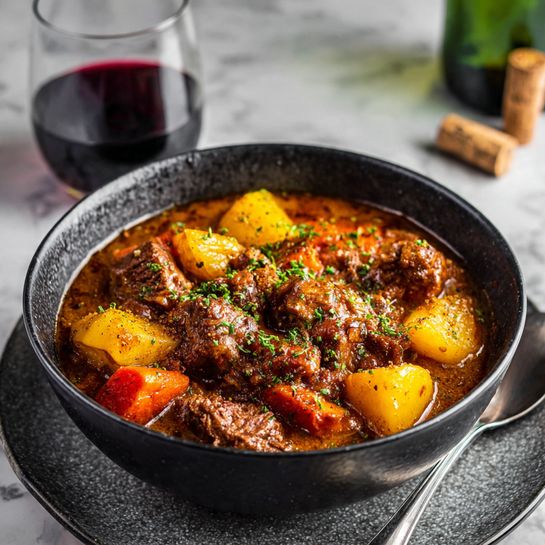 A large silver pot filled with a thick stew showing multiple layers: dark brown chunks of meat spread throughout, surrounded by bright orange slices of carrots and pale yellow pieces of potatoes, all covered in a shiny brown broth. Small bits of green herbs are sprinkled on top, adding a fresh contrast, while a wooden spoon rests inside the pot on the right side. The pot is placed on a white marbled surface. photo taken with an iphone --ar 4:5 --v 7