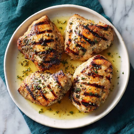 The image shows a white plate with three pieces of grilled chicken with brown grill marks and small green herb pieces sprinkled on top. One of the pieces is sliced into five pieces with juicy white interior and a light brown grilled exterior. The chicken rests in a light golden sauce with tiny bits of herbs and spices around it. The plate sits on a white marbled surface with a dark green cloth partially visible underneath and a knife with a black handle lying above the plate. photo taken with an iphone --ar 4:5 --v 7