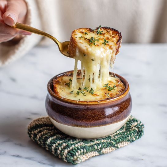 Lover’s French Onion Soup with Heart-Shaped Croutons Recipe