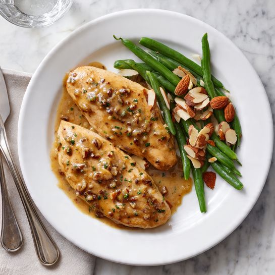 A white pan with a gold handle holds fifteen golden-brown cooked chicken pieces, each coated in a shiny brown sauce. The chicken pieces are arranged in a scattered but mostly circular pattern inside the pan. Chopped fresh green herbs are sprinkled generously across the chicken and sauce, adding a fresh contrast. The edges of the pan have some browned sauce residue showing it was cooked well. The pan sits on a white marbled surface, and a soft gray cloth is wrapped around the pan handle. Photo taken with an iphone --ar 4:5 --v 7