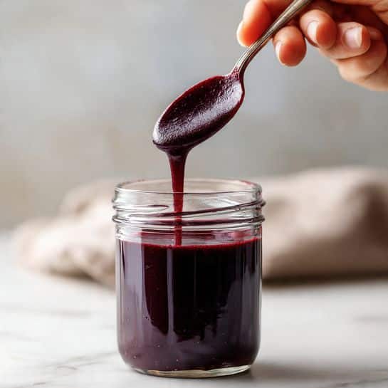 A clear glass container filled halfway with thick, dark purple sauce sits on a white marbled surface. Above the container, a woman's hand holds a spoon with the same dark purple sauce slowly dripping back into the container, showing its smooth and slightly shiny texture. The background is softly blurred, highlighting the sauce and spoon as the main focus. Photo taken with an iphone --ar 4:5 --v 7