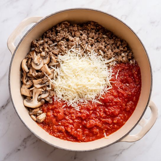 A close-up image of a beige pot containing three clear layers of ingredients. On the left side, there is a cooked ground meat and finely chopped mushroom mix with a coarse texture and brownish tones. Next to it, on the upper middle part, is a small pile of finely grated white cheese. The right half of the pot holds a thick, red tomato sauce with a textured surface showing small chunks. The pot is placed on a white marbled surface. Photo taken with an iphone --ar 4:5 --v 7