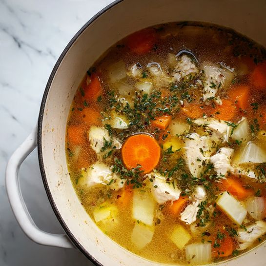 A white pot filled with clear golden broth soup containing three main layers: large chunks of white chicken meat scattered throughout, bright orange carrot slices evenly spread, and small cubes of light yellow onion mixed with herbs floating in the liquid, all resting on a white marbled surface. photo taken with an iphone --ar 4:5 --v 7