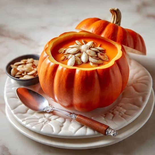 A small bright orange pumpkin is hollowed out and filled with smooth orange pumpkin soup, topped with toasted pumpkin seeds that are light brown with a slight char, floating on the surface. The pumpkin lid is tilted open and rests on the edge of the pumpkin. This pumpkin bowl sits in the middle of a white plate decorated with white pumpkin shapes around the edge, with a shiny silver spoon with a brown wooden handle placed inside the plate beside the pumpkin. Nearby, on the white marbled textured surface, is a small round black dish filled with more toasted pumpkin seeds. The warm colors of orange, brown, and black create a cozy autumn feel photo taken with an iphone --ar 4:5 --v 7