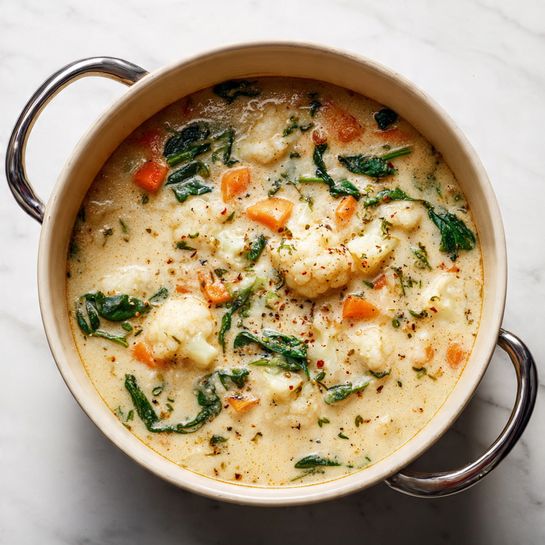 The image shows a white pot filled with a thick, creamy soup. The soup has light beige base with chunks of white cauliflower, small orange carrot pieces, and dark green spinach leaves spread throughout. There are specks of herbs and pepper visible in the creamy texture, adding a bit of contrast. The pot has metal handles on both sides and sits on a white marbled surface, creating a clean and bright background. The mixture looks smooth and hearty, with colorful vegetable pieces clearly visible in the soup. Photo taken with an iphone --ar 4:5 --v 7