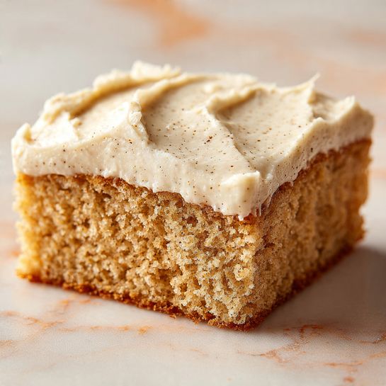 The image shows a close-up of a square piece of cake with two visible layers. The bottom layer is a moist, dense, light brown cake with a textured surface. The top layer is a thick, smooth, creamy white frosting with light brown specks scattered on top. The frosting has some gentle ridges and soft uneven lines. The cake sits on a white marbled surface. Photo taken with an iphone --ar 4:5 --v 7
