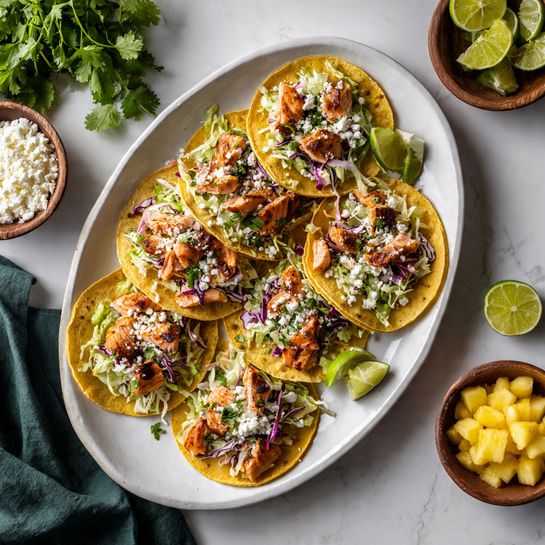 Salmon Tacos with Spicy Cabbage Slaw and Fresh Toppings Recipe