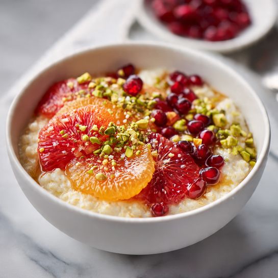 A white bowl sits on a white marbled surface with a white cloth underneath, filled with a creamy mixture that looks like oatmeal or porridge. The dish has layers that include beige oatmeal with small green pieces, bright red grapes or berries scattered throughout, and some chopped nuts or seeds sprinkled on top with a slight shine. A wooden spoon holds a scoop of the mixture above the bowl, showing a mix of creamy oatmeal, red fruit, and nuts. The colors are soft but fresh, with red, green, and creamy white standing out. photo taken with an iphone --ar 4:5 --v 7
