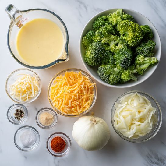The image shows a top view of several ingredients placed on a white marbled surface. There is a clear glass measuring cup filled with light yellow broth at the top left. Below the broth, a white bowl contains bright green broccoli florets. To the right of the broccoli, there are two clear glass bowls, one with shredded light yellow cheese and the other with shredded light orange cheese. Below these, a clear glass bowl holds thick, white onion slices. A whole garlic bulb is next to the bowls on the right side. Small clear glass bowls arranged near the bottom left hold salt, black pepper, a light yellow powder, a pale beige powder, and a red powder. The setup is neat and well-lit, with sharp details visible. Photo taken with an iphone --ar 4:5 --v 7