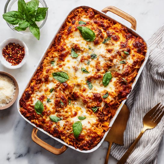The image shows a close-up of a baked pasta dish in a white rimmed casserole dish. It has several layers, starting with a rich red-orange sauce coating the pasta, followed by a melted, golden-brown cheese layer unevenly spread on top. Fresh green basil leaves are scattered on the surface, adding contrast. Some pasta pieces are sticky and soft in texture, while a golden spoon is partly submerged, lifting the pasta to reveal the saucy inside. The dish rests on a white marbled surface. photo taken with an iphone --ar 4:5 --v 7