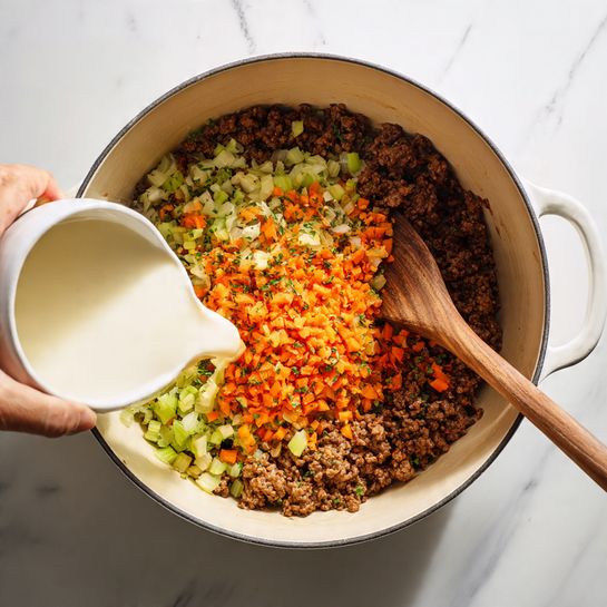The image shows a white pot containing multiple layers of food. At the bottom, there is a dark brown cooked ground meat layer covering half the pot. On top of the dark meat layer, there is a vibrant mix of finely chopped orange carrots and light green celery filling most of the pot’s surface. To the left side of the pot, a light cream liquid is being poured from a white jug into the pot, creating a contrast with the brown meat and colorful vegetables. A woman's hand holding a wooden spatula is partially visible, resting inside the pot. The pot sits on a white marbled surface. Photo taken with an iphone --ar 4:5 --v 7