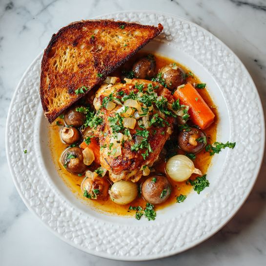 On a white plate with a raised pattern, there is one piece of golden brown roasted chicken in the center, covered with small bits of cooked onions and fresh green parsley. Around the chicken, there are brown mushrooms and small whole pearl onions, all sitting in a pool of orange-brown sauce. Two bright orange carrot slices are placed near the chicken, and a large triangular piece of toasted bread with a crispy crust leans on the left side of the plate. The dish is garnished with small bits of fresh green parsley scattered over everything, and the plate sits on a white marbled texture surface. Photo taken with an iphone --ar 4:5 --v 7