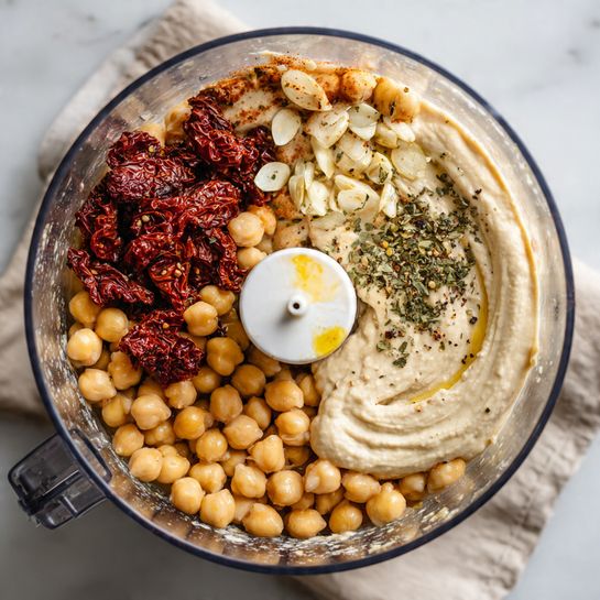 Inside a clear food processor bowl, there are many ingredients layered and spread out. At the bottom, light tan chickpeas fill most of the space, with a creamy beige tahini sauce sitting on one side. Several dark red sun-dried tomato pieces lie on top in one area, while white garlic cloves with green dried herbs are near them. A sprinkle of black pepper and scattered whole chickpeas add texture. The food processor blade sits in the middle, white with a small touch of yellow. The bowl rests on a soft beige cloth, placed on a white marbled surface. photo taken with an iphone --ar 4:5 --v 7