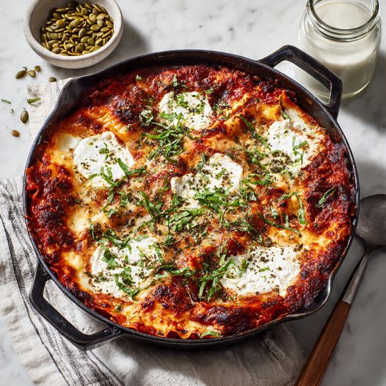 A thick slice of lasagna sits on a white plate, showing multiple layers: a light yellow pasta layer at the bottom, a rich red tomato meat sauce with brown meat bits above it, creamy white ricotta cheese dollops on top, and a sprinkling of green fresh herbs scattered around the edges. The texture looks soft and slightly crumbly on the cheese, with the sauce moist and chunky. The background is a white marbled surface with a blurred cast iron pan of more lasagna and a small glass bowl of grated cheese nearby. The photo taken with an iphone --ar 4:5 --v 7