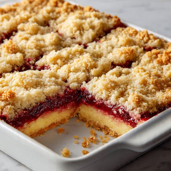 The image shows a white baking dish with crumb bars that have three layers. The bottom layer is a light golden crust, thick and firm. The middle layer is a deep red fruit filling that looks juicy and a little sticky, spreading evenly across the bars. On top, there is a crumbly light yellow layer made of streusel, scattered unevenly and in chunks. One square bar is pulled out and placed near the center of the dish, showing all three layers clearly, with some small crumbs around it on the white marbled surface underneath. Photo taken with an iphone --ar 4:5 --v 7