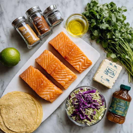 The image shows ingredients for a salmon taco dish laid out neatly on a white marbled surface. There are three bright orange salmon fillets with smooth texture and visible light lines arranged side by side on a white cutting board in the lower right. Above them is a bunch of fresh green cilantro with long stems and leafy tops. To the left are two small clear glass jars with metal lids labeled cumin and chili powder containing fine brown and red powders. A clear pepper grinder is next to them. Above the spices is a small clear glass bowl with light yellow olive oil, and a whole lime with bright green skin is placed beside it. Nearby is a block of white queso fresco cheese wrapped with green and red labeling. On the left side are a stack of pale yellow corn tortillas, a bottle of white mayonnaise, and a clear round glass bowl filled with shredded green and purple cabbage mix. Lastly, a bear-shaped bottle of dark amber raw honey with a green cap sits in front of the cabbage bowl. Photo taken with an iphone --ar 4:5 --v 7