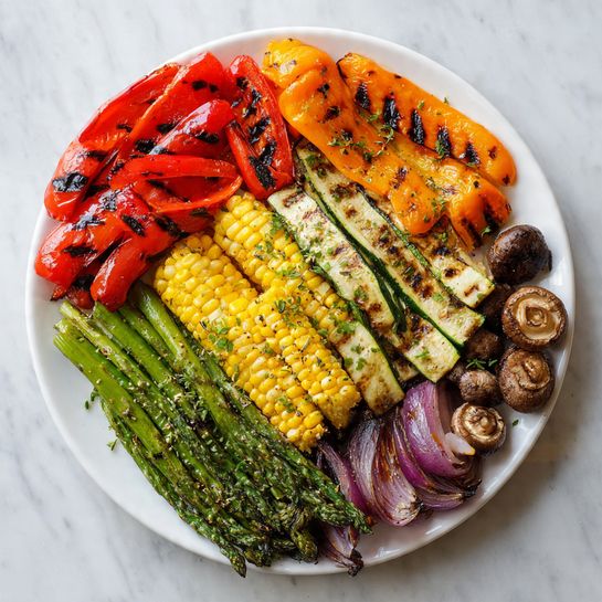 A grill filled with five groups of vegetables arranged in rows from left to right: small beige mushrooms in a cluster on the far left, light green zucchini slices with dark grill marks laid next to them, a bunch of green asparagus with charred tips, purple onion wedges slightly blackened on the edges, bright yellow grilled corn cut into chunks with dark grill spots, and a mix of red, orange, and yellow bell pepper pieces with some burnt edges. The grill bars are dark and metallic, and the background is white marbled texture photo taken with an iphone --ar 4:5 --v 7