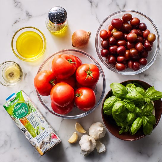 The image shows fresh ingredients arranged on a white marbled surface. There are two clear glass bowls, one filled with large red tomatoes and the other filled with small, dark red grape tomatoes. Near the bowls, there is a carton of green and white vegetable broth standing upright in the center. To the top left, a small clear bowl containing yellow oil and a clear pepper grinder sit side by side. On the top right, a dark brown bowl is full of fresh green basil leaves. Two whole onions and several garlic cloves are placed in between the vegetable broth and the basil. photo taken with an iphone --ar 4:5 --v 7
