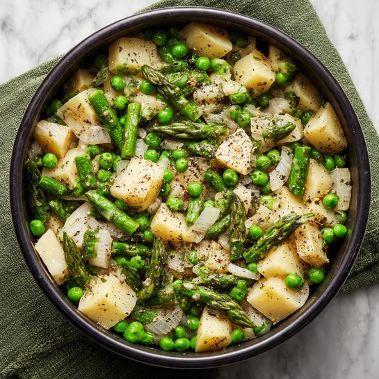 A top view of a large black round pot filled with chopped white potatoes, bright green peas, and cut green asparagus pieces, all mixed with chunks of onion scattered throughout. The ingredients are sprinkled lightly with black pepper and salt, sitting on a layered green cloth that rests on a white marbled surface. photo taken with an iphone --ar 4:5 --v 7