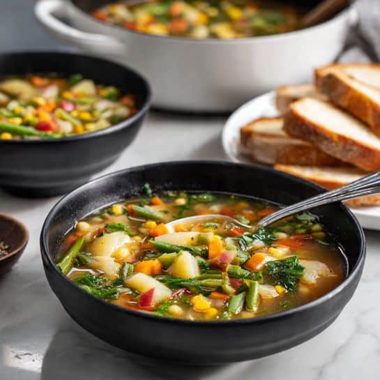 In a black bowl sitting on a white marbled surface, there is a colorful vegetable soup with visible layers including small red potato pieces, bright yellow corn kernels, green beans and leafy greens, all floating in a clear broth. A silver spoon rests inside the bowl, partially submerged in the soup. In the background, there is another black bowl filled with the same soup, a large white pot holding more soup, and a white plate with several slices of toasted bread on the right side. There is also a small dish containing pepper on the surface near the front left. The overall scene is softly lit, highlighting the fresh, vibrant colors of the ingredients. photo taken with an iphone --ar 4:5 --v 7