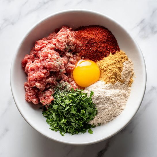 This image shows a white bowl with many ingredients on top of a white marbled surface. Inside the bowl, on the left side, there is raw ground meat colored light red with a sprinkle of red powder seasoning. On the right side, there is a whole raw egg with a visible yellow yolk and clear egg white. Near the center and spread out a bit are different powders in light brown and beige. On the lower right side, there are fresh green chopped herbs. The ingredients are not mixed and sit in visible separate layers. photo taken with an iphone --ar 4:5 --v 7