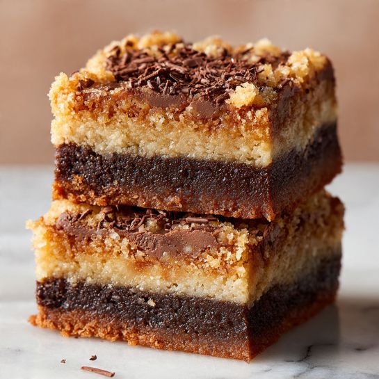 The image shows three square brownies stacked on a white marbled surface, each with two distinct layers: a thick, dark brown, moist-looking chocolate base with a rich texture, and a lighter brown, smooth, and creamy peanut butter swirl top layer with a slightly cracked surface and visible chocolate chips. The top brownie is placed balanced diagonally on the middle one, creating depth. In the softly blurred background, there are two pumpkins, one large orange and one smaller white, adding a warm, autumn feel. Photo taken with an iphone --ar 4:5 --v 7