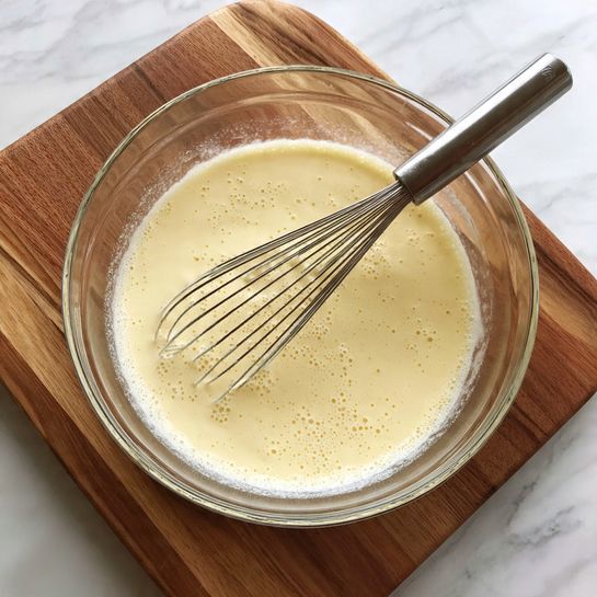 A clear glass bowl sits on a wooden board filled with a smooth, creamy batter that is pale yellow in color, with small bubbles and a slightly thick texture. A metal whisk rests inside the bowl, partially submerged in the batter, showing some of the mixture’s light, airy consistency. The background is a white marbled surface. photo taken with an iphone --ar 4:5 --v 7