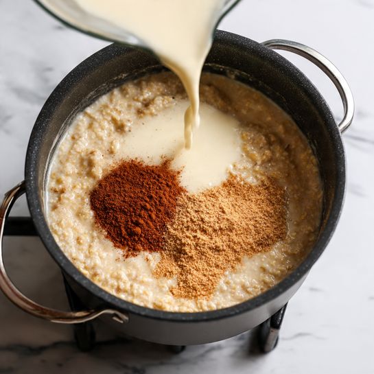 The image shows a black metal pot on a stove with a white marbled surface visible around it. Inside the pot, there is a thick, grainy beige mixture that looks like oatmeal or porridge. On one side of the mixture, a brown powder, possibly cinnamon, is sprinkled in a small mound near the edge. A light creamy liquid is being poured from above into the pot, spreading over the beige mixture and brown powder. The pot's handles and the stove's burners are in view, with the creamy liquid creating a soft contrast against the textured grains inside the pot. photo taken with an iphone --ar 4:5 --v 7