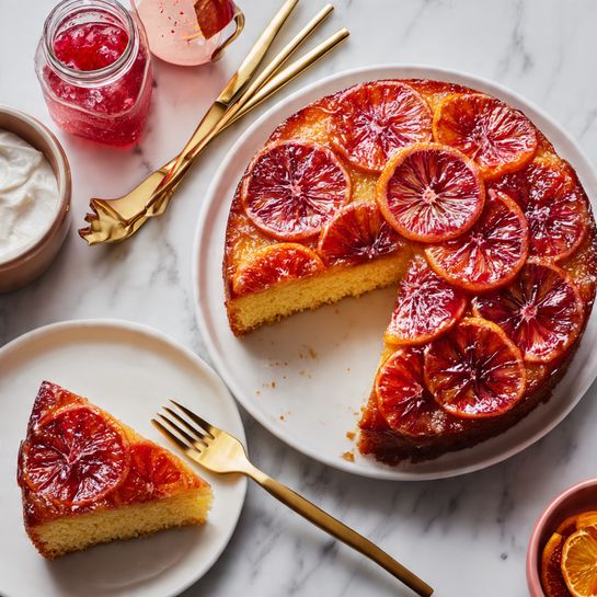 A slice of upside-down cake with glossy, deep red-orange citrus slices on the top layer, showing a shiny, slightly sticky texture. Below this layer is a light golden, soft cake that looks moist and fluffy. The slice is placed on a simple white plate with a small gold fork beside it. The plate rests on a blue and white patterned cloth, and part of a halved blood orange is visible near the plate, adding a fresh and colorful touch. The background is a white marbled texture photo taken with an iphone --ar 4:5 --v 7