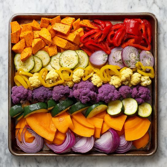 The image shows a baking tray filled with layers of fresh vegetables neatly arranged. At the top are thick orange sweet potato wedges beside whole red mini bell peppers. Below are round slices of pale purple eggplant with tiny seeds, followed by rings of light orange squash with some small yellow peppers on top. A row of bright purple cauliflower florets lines the center. Underneath are dark green zucchini sticks placed horizontally, with bright orange mini bell peppers scattered on large slices of orange butternut squash. Finally, at the bottom are quartered red onions with visible rings. The tray sits on a white marbled surface. Photo taken with an iphone --ar 4:5 --v 7