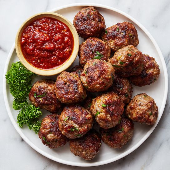 A white plate with several browned meatballs garnished with small green herbs, positioned around a small white bowl filled with a thick, chunky red tomato sauce. One meatball is partially dipped in the sauce inside the bowl, with a silver fork inside touching it. Bright green parsley is placed on the left side of the plate. The entire scene is set on a white marbled surface. Photo taken with an iphone --ar 4:5 --v 7