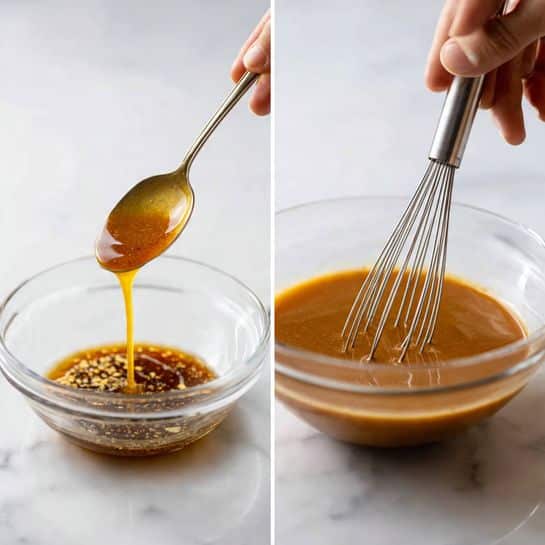The image shows two close-up views of a clear glass bowl on a white marbled surface. On the left side, a woman's hand holds a glass spoon pouring golden honey into the bowl with dark brown sauce, scattered with small bits of light yellow mustard, minced garlic, and mustard seeds. On the right side, the same bowl now contains a smooth, shiny, medium brown sauce being mixed with a metal whisk. The lighting highlights the texture and colors of the sauce clearly. photo taken with an iphone --ar 4:5 --v 7