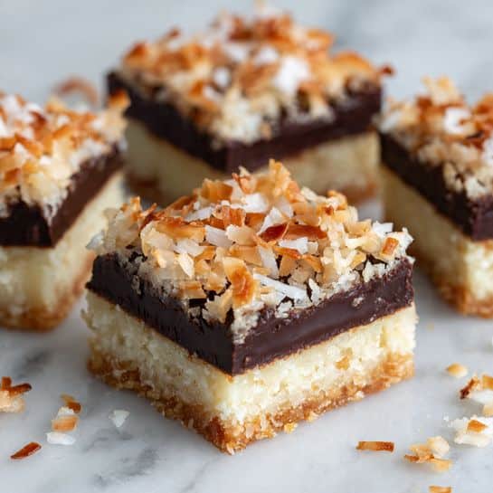 The image shows several square bars with three main layers visible. The bottom layer is a light brown, soft-looking base. The middle layer is thin and dark, almost black, and smooth in texture. The top layer is thick and coated with large, rough pieces of toasted coconut flakes in light tan and white colors. These bars are placed randomly on a white marbled surface with some coconut flakes scattered around. Photo taken with an iphone --ar 4:5 --v 7