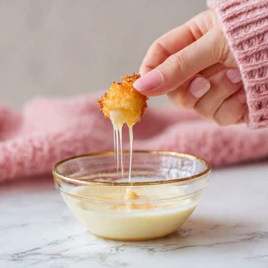 A close-up image shows a woman's hand holding a small piece of fried food covered in thick white sauce that drips down slowly. The food piece is bumpy and golden-brown under the white sauce, with three long drips falling into a clear glass bowl, which is half full of the same creamy white liquid. The bowl is placed on a white marbled surface, with a blurry background showing the woman's pink sweater. The focus is on the dripping sauce and the hand holding the food. Photo taken with an iphone --ar 4:5 --v 7