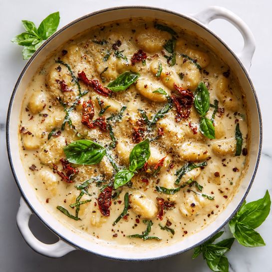 A white bowl filled with soft, pillowy gnocchi covered in a creamy, light beige sauce with small pieces of sun-dried tomatoes giving dark red spots and bits of green basil leaves adding a touch of color. The sauce has a slightly grainy texture with visible small black pepper specks scattered evenly. A gold spoon rests inside the bowl on the right side, partially submerged in the sauce. The bowl sits on a white marbled surface with some green basil leaves around and part of a white cloth visible on the upper left side. photo taken with an iphone --ar 4:5 --v 7