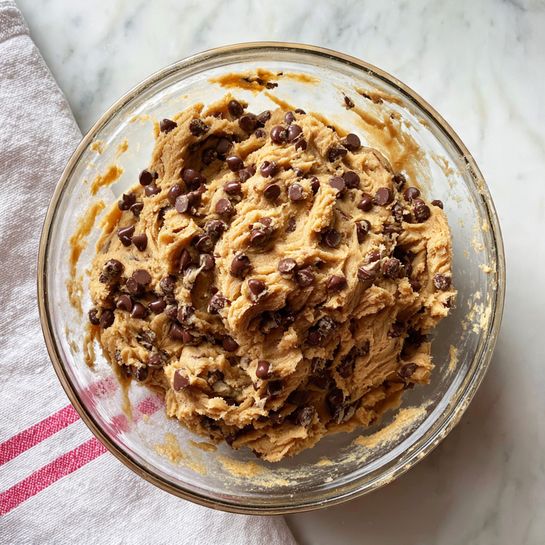 A clear glass bowl filled with thick, light brown cookie dough mixed with many dark brown chocolate chips, showing a rough and chunky texture. The bowl sits on a white marbled surface with some smudges of dough on the bowl's edges. There is a white cloth with a pink stripe in the bottom left corner. Photo taken with an iphone --ar 4:5 --v 7
