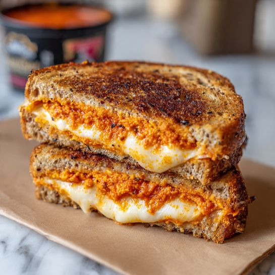 The image shows a sandwich cut in half and stacked on top of each other on a light brown paper over a white marbled surface. The sandwich has three visible layers: the top and bottom are toasted multigrain bread with a golden-brown, crispy texture; the middle layers show melted cheese that is creamy and slightly stringy, with a bright orange-red tomato sauce layer below the cheese, oozing slightly from the sandwich edges. In the background, there is a black container with a red and white label, slightly out of focus. Photo taken with an iphone --ar 4:5 --v 7