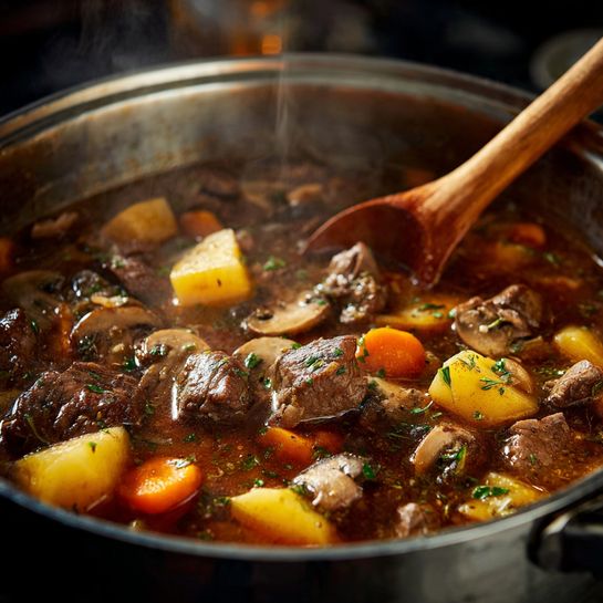 A large silver pot filled with dark brown stew that has visible chunks of tender meat, small whole orange carrots, diced yellow potatoes, and mushrooms simmering in rich thick broth. A wooden spoon is inside the pot, stirring the stew as steam rises gently from the surface. The pot is placed on a dark surface, giving a warm, homey feel. photo taken with an iphone --ar 4:5 --v 7