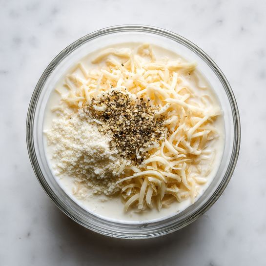 A clear glass bowl sits on a white marbled surface, filled with layers of ingredients. The bottom layer is a white creamy liquid. On top of that are shredded pale yellow cheese, small white grated cheese, and scattered black pepper in the center. The textures contrast between smooth cream, stringy cheese, fine grated cheese, and coarse pepper grains. photo taken with an iphone --ar 4:5 --v 7