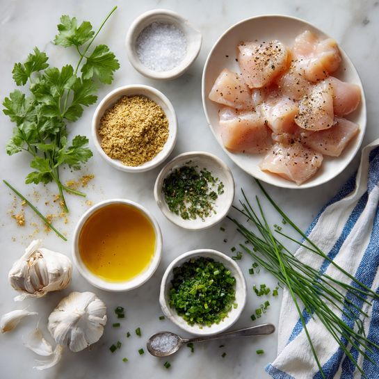 The image shows a white marbled surface with various cooking ingredients laid out neatly. At the top right, there are raw pieces of pale pink chicken seasoned lightly with black pepper. Below and to the left, fresh green herbs like cilantro and chives are scattered. Five small white bowls hold different ingredients: one has a grainy light brown mustard, one contains amber-colored honey, another has finely chopped green chives, one bowl holds light brown liquid, and the final bowl has coarse white salt with a small spoon. Two whole garlic bulbs are placed at the bottom left. A white and blue striped cloth is on the far right side of the image, with some chive pieces scattered on and near it. Photo taken with an iphone --ar 4:5 --v 7