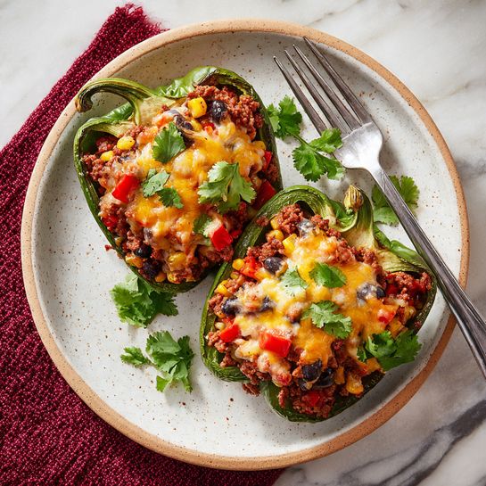 Stuffed Poblano Peppers with Ground Turkey, Rice, and Black Beans Recipe