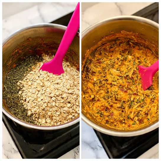 The image on the left shows a metal pot filled with a mix of green chopped herbs, orange paste, and a large layer of light beige rolled oats on top, with a bright pink spatula partially buried in the oats. The right image shows the same pot after stirring, revealing a thick, textured mixture with a warm golden orange color, speckled with small green herb pieces and bits of red onion, with the pink spatula resting in the mixture. The pot sits on a black stovetop, and the background is a white marbled texture photo taken with an iphone --ar 4:5 --v 7