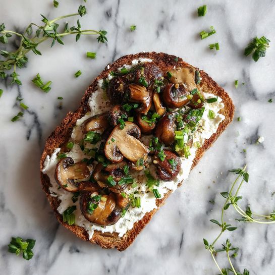 The image shows a piece of toasted brown bread as the base layer, topped with a thick spread of white, creamy cheese. On top of the cheese, there is a pile of small, whole mushrooms with a brownish-purple hue, garnished with small bits of green herbs. The toast is placed on a white marbled surface with scattered green herbs around. Photo taken with an iphone --ar 4:5 --v 7