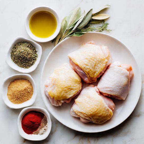 The image shows four raw chicken thighs with pale yellow skin and a slightly pinkish tone, arranged in a circle on a white round plate placed on a white marbled surface. To the left of the plate, six small white square bowls are neatly lined up in two columns and three rows. Each bowl contains a different seasoning: golden olive oil, mixed green and brown dried herbs, fine light beige garlic powder, coarse yellow onion powder, coarse white salt, bright red paprika, and ground black pepper. The scene is bright with soft natural light, showing clear textures of the chicken skin and spices. photo taken with an iphone --ar 4:5 --v 7