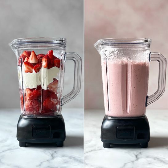 The image shows two side-by-side views of a blender with a black base and handle on a white marbled surface. On the left, the blender jar is clear and contains visible layers of sliced red strawberries, white cream on top, and a dark liquid at the bottom. On the right, the jar is filled with a smooth, light pink blended mixture, with some foam on top and trace droplets on the jar's inside walls. The background is a soft white marbled texture, and the light highlights the clear plastic and content colors clearly. photo taken with an iphone --ar 4:5 --v 7