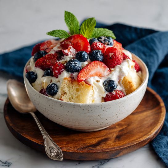 A white speckled bowl sits on a round wooden board, filled with a mixed dessert. The bottom layer has large pieces of a light, soft sponge cake with a pale yellow color. On top of the cake, there is a layer of whipped white cream that looks smooth and fluffy. Mixed into the cream are fresh, sliced red strawberries and whole deep blue blueberries, along with some whole bright red raspberries. The fruit is spread evenly in the bowl, adding bright pops of color. Fresh green mint leaves sit on top and add a fresh, leafy touch. Next to the bowl is a vintage silver spoon, and the whole scene is set on a white marbled surface with a dark blue cloth loosely placed in the background. Photo taken with an iphone --ar 4:5 --v 7