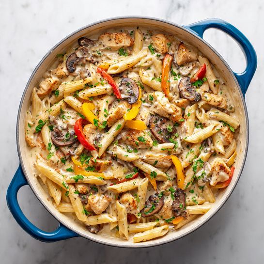 A blue cast iron pot filled with a creamy pasta dish, showing two handles on each side. Inside, there are light tan penne pasta pieces mixed with browned pieces of cooked chicken scattered throughout. Slices of cooked mushrooms and strips of red bell pepper add darker brown and bright red colors. The dish is topped with fresh chopped green herbs, adding a pop of green against the creamy sauce that lightly coats all the ingredients. The pot rests on a white marbled surface. Photo taken with an iphone --ar 4:5 --v 7