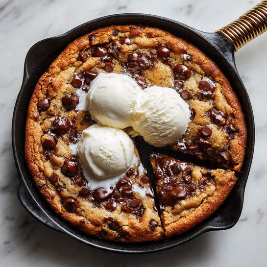 A round chocolate chip cookie baked in a black cast iron pan, golden brown with slightly cracked texture and scattered with semi-melted dark chocolate chips on the surface; the cookie has a large central gap where a triangular piece is removed revealing a gooey dark chocolate center. At the center three white ice cream scoops with smooth texture are melting slightly, creating creamy white pools blending into the cookie. The pan handle is visible with a coiled metal detail, and the whole is placed on a white marbled surface. Photo taken with an iphone --ar 4:5 --v 7