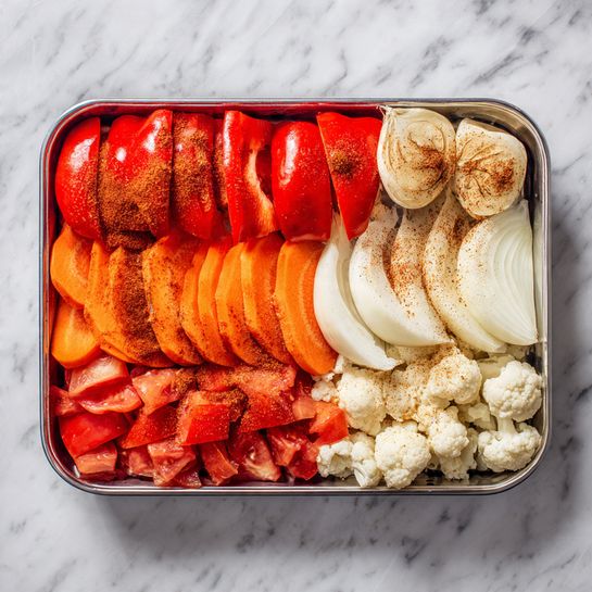 The image shows a metal tray with layered fresh vegetables, divided into five horizontal sections. The top layer has six bright red whole bell peppers with a dusting of brownish-red spice. On the right side of this layer is a halved garlic bulb with light yellow cloves and a sprinkle of the same spice. Below this is a layer of thick carrot slices in bright orange, also sprinkled with spice. The middle layer has thick, curved slices of white onion, topped with the same spice. The fourth layer shows chunky red tomato pieces, some cut in half and some in quarters, all with the spice on top. The bottom layer has small white cauliflower florets, scattered along the bottom edge, also sprinkled with the brownish-red spice. The whole tray is on a background of white marbled texture. photo taken with an iphone --ar 4:5 --v 7